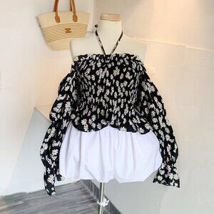 Black Daisy Floral Off Shoulder Peasant Top